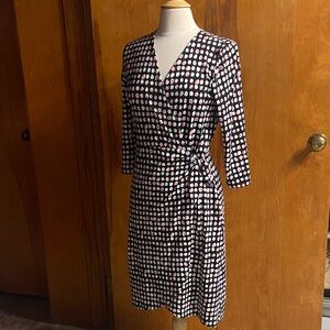 Talbots Black White Rose Polka Dot Blouse Faux wrap flattering sexy MED